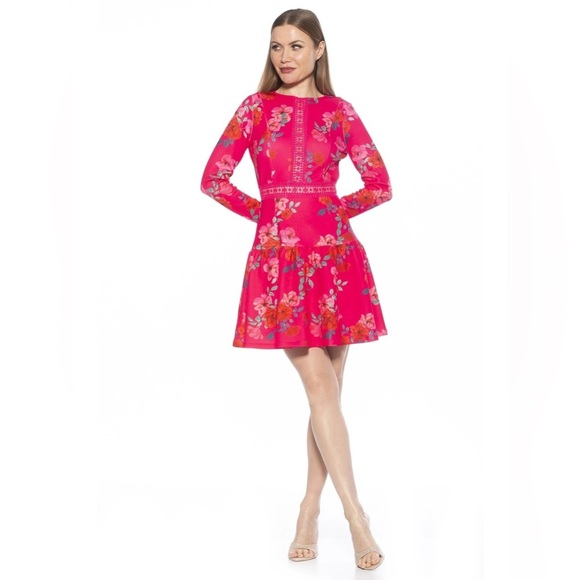 Alexia Admor Alexa Long Sleeve Lace Trim Mini Dress Hot Pink‎ Floral Size 8 - Picture 2 of 11